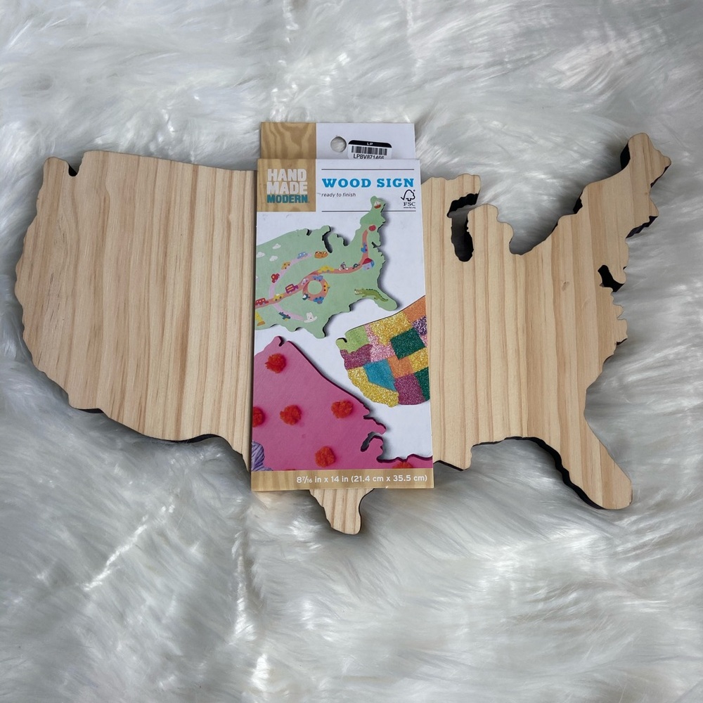 Hand Made Modern USA shaped unfinished wood sign.
